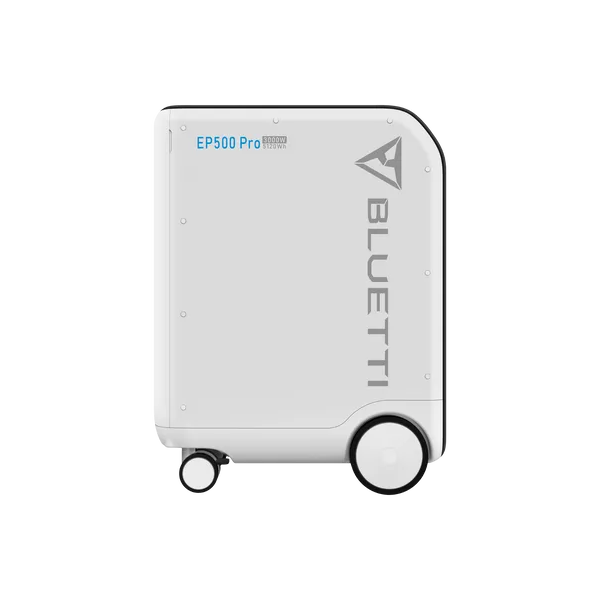 BLUETTI EP500Pro — tall home battery unit on caster wheels, front view showing touchscreen display and outlets