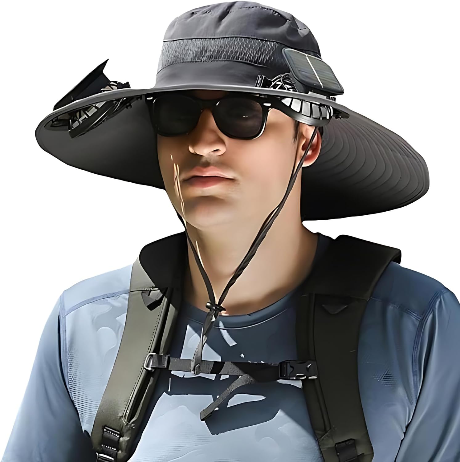 Outdoor wide brim sun hat with 2 solar fans UPF 50+ bucket hat